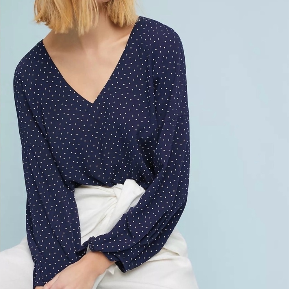 Anthropologie-Pernille Navy and White Polka Dot Blouse (Size:Small)